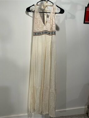 Ivory Lace Halter Maxi Dress with Embroidered Waist